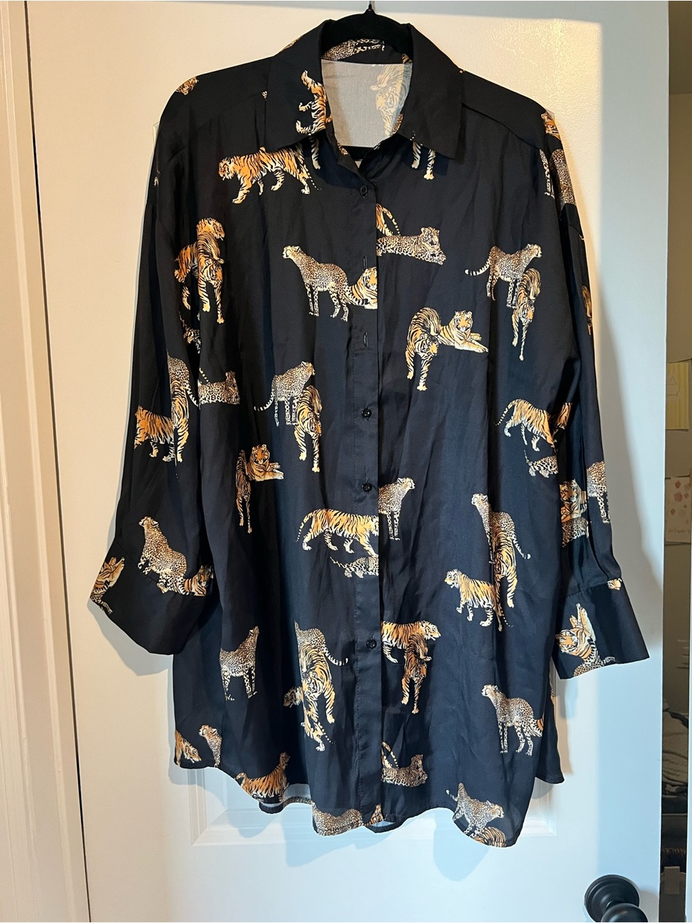 Black Tiger Print Women’s tunic Button-Up Shirt